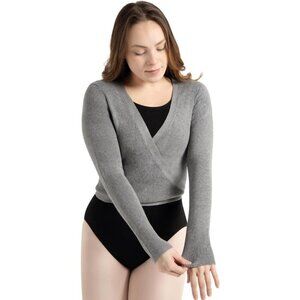 🆕 Capezio Women Grey Knit Long Sleeves V-Neck Self-Tie Hang Dry Wrap Sweater